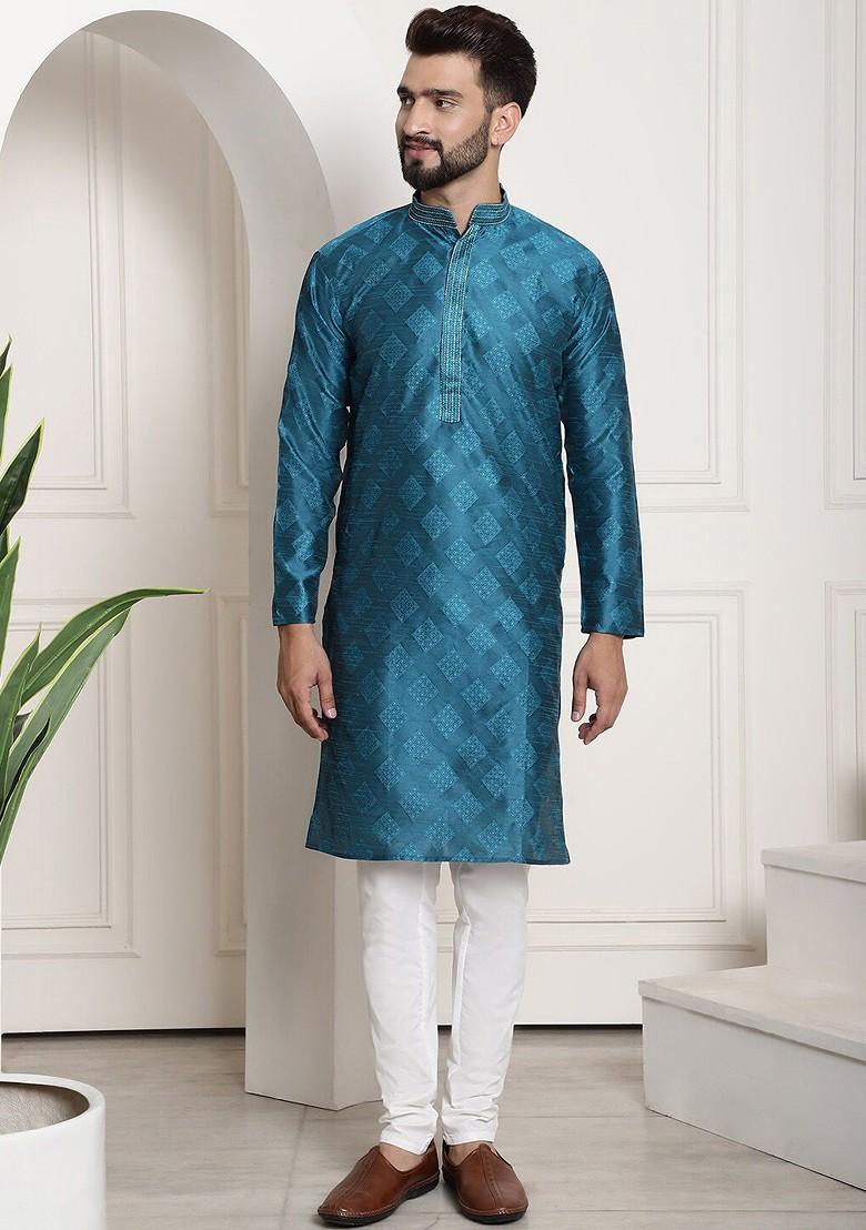 Blue Thread Work Poly Blend Kurta Set For Men