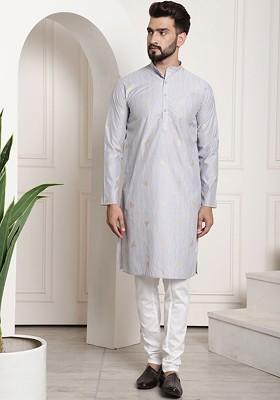 Grey Woven Poly Blend Kurta Set For Men