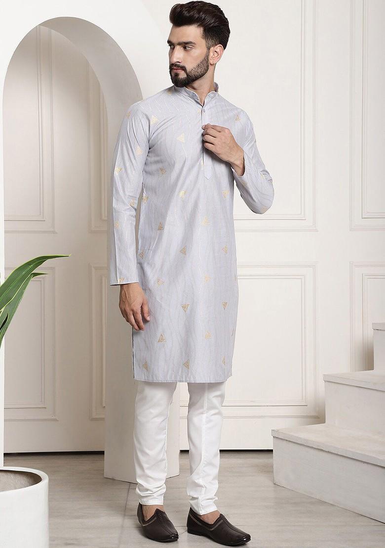 Grey Woven Poly Blend Kurta Set For Men
