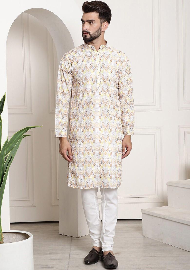 Yellow Thread Work Cotton Kurta Set For Men