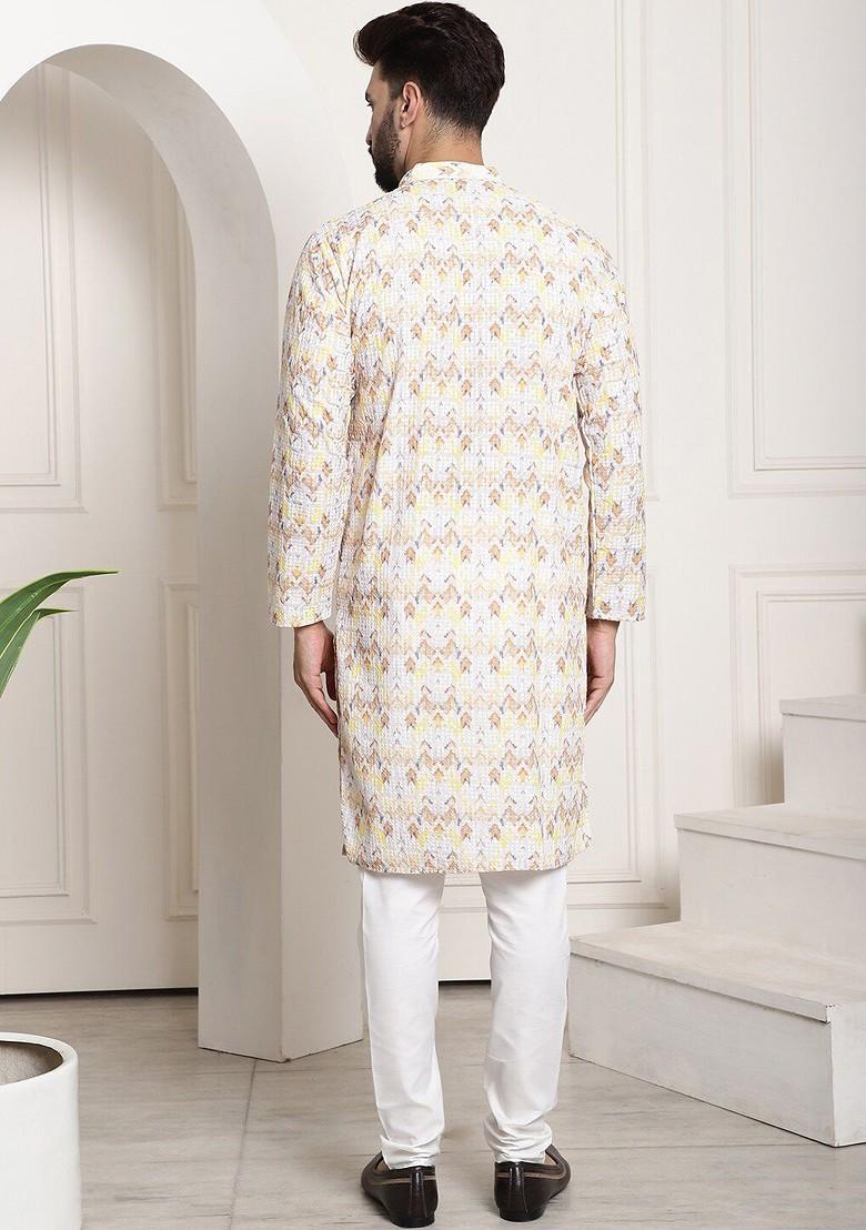 Yellow Thread Work Cotton Kurta Set For Men