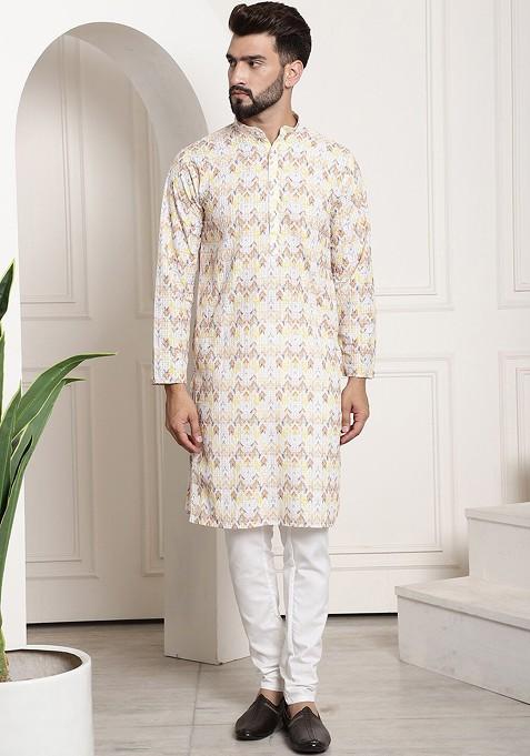 Yellow Thread Work Cotton Kurta Set For Men
