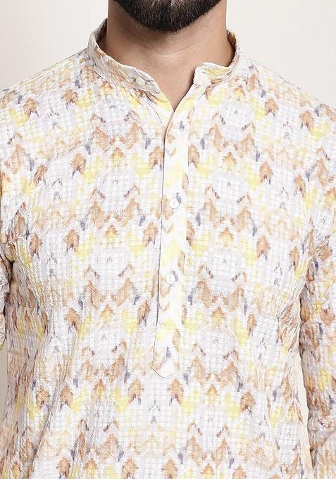Yellow Thread Work Cotton Kurta Set For Men