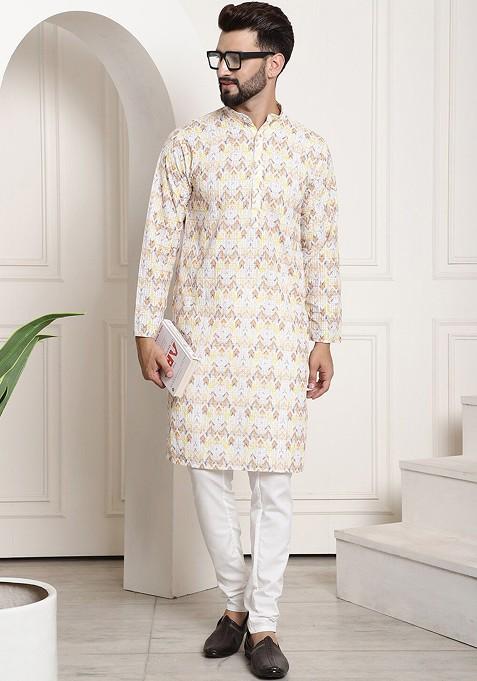 Yellow Thread Work Cotton Kurta Set For Men