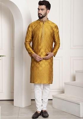 Mustard Woven Poly Blend Kurta Set For Men