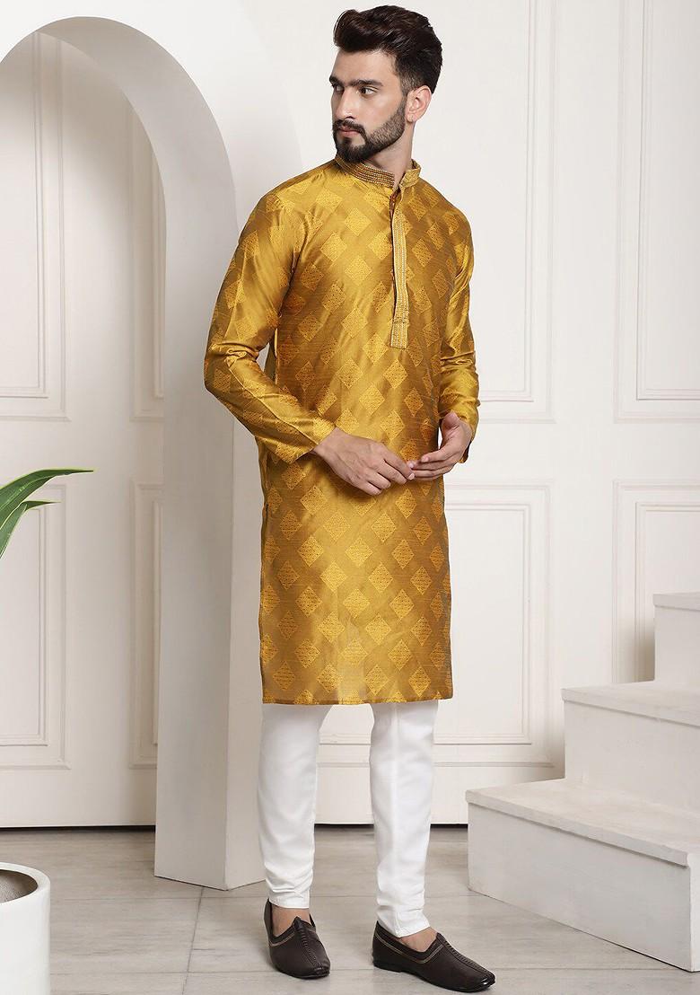 Mustard Woven Poly Blend Kurta Set For Men