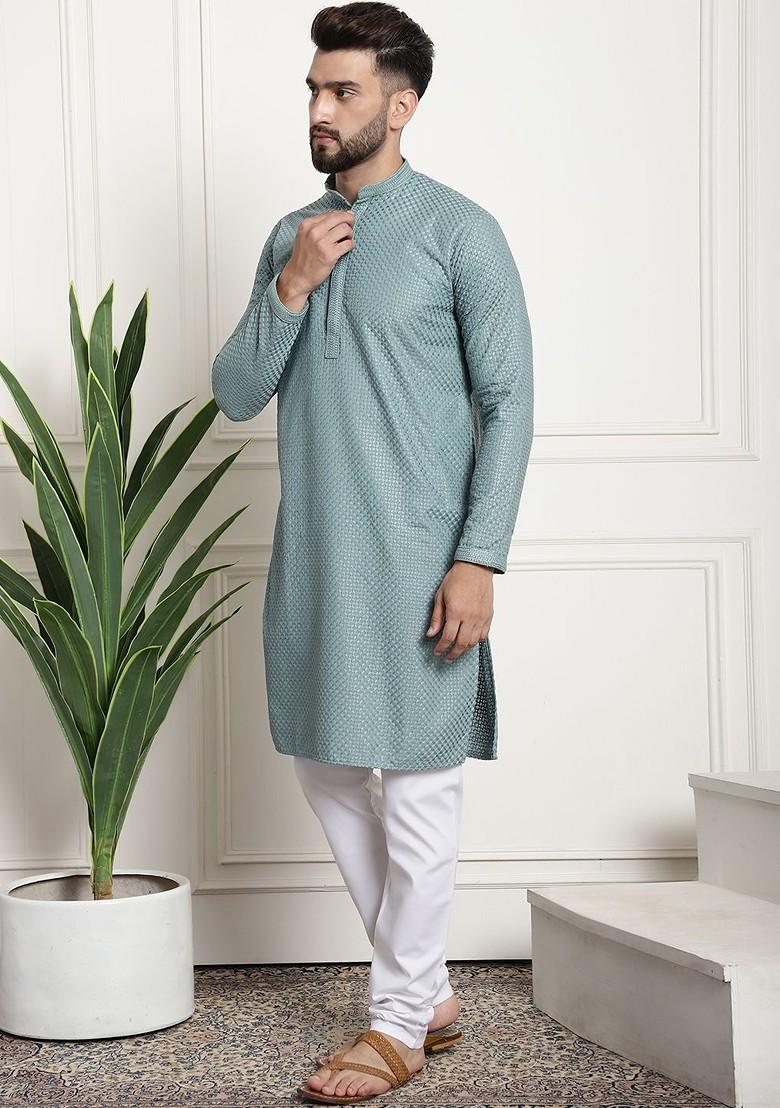 Sea Green Embroidered Cotton Kurta Set For Men