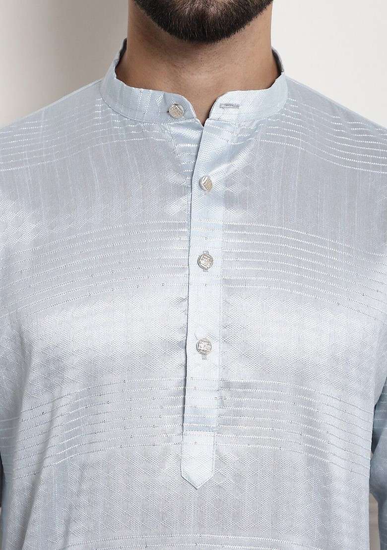 Grey Geometric Print Jacquard Kurta Set For Men - Indya