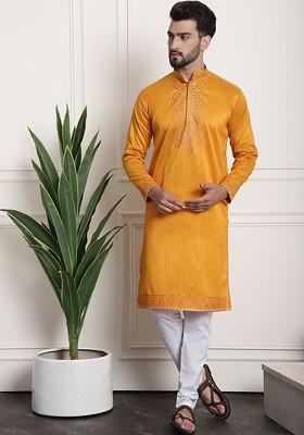 Mustard Thread Work Poly Blend Kurta Set For Men