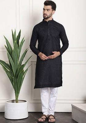 Black Thread Work Poly Blend Kurta Set For Men