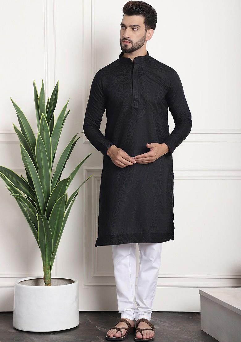 Black Thread Work Poly Blend Kurta Set For Men