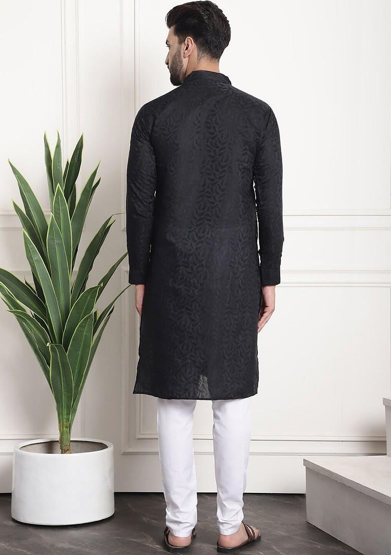 Black Thread Work Poly Blend Kurta Set For Men