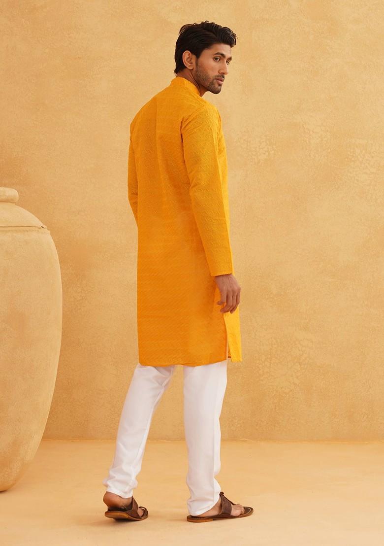 Mustard Thread Work Cotton Kurta Set For Men