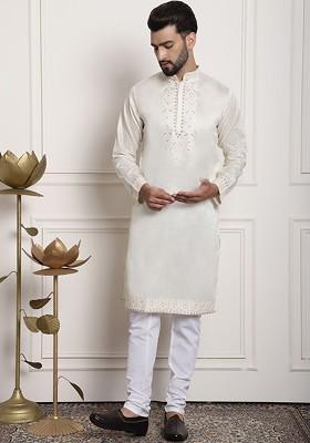 Cream Thread Work Silk Kurta Set For Men