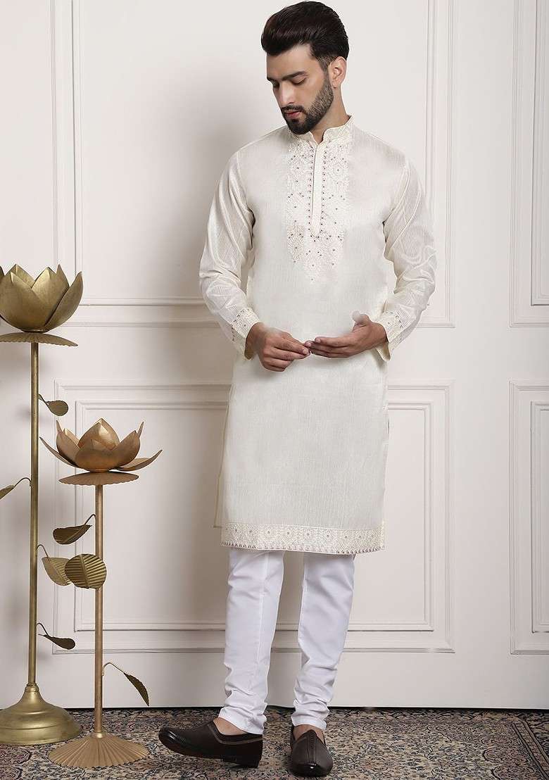 Cream Thread Work Silk Blend Kurta Set For Men - Indya