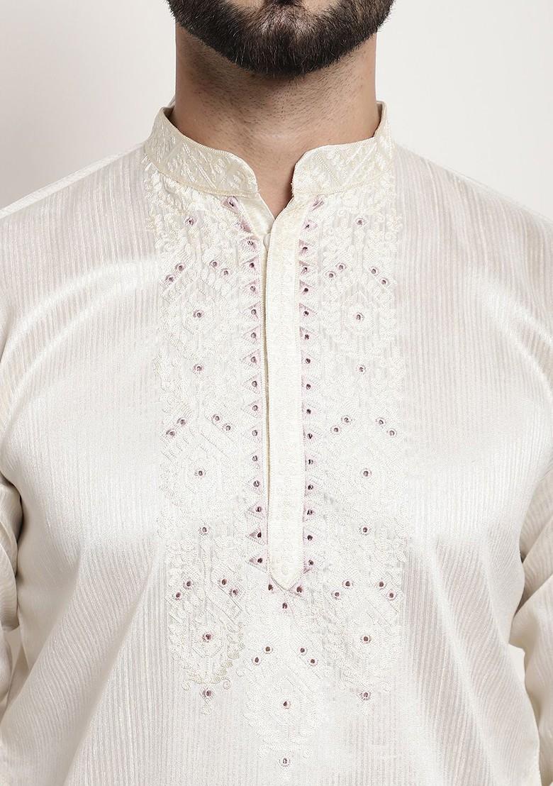 Cream Thread Work Silk Kurta Set For Men