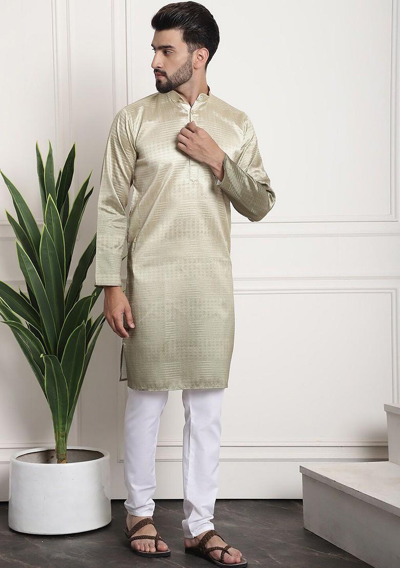Gold Striped Poly Blend Kurta Set For Men