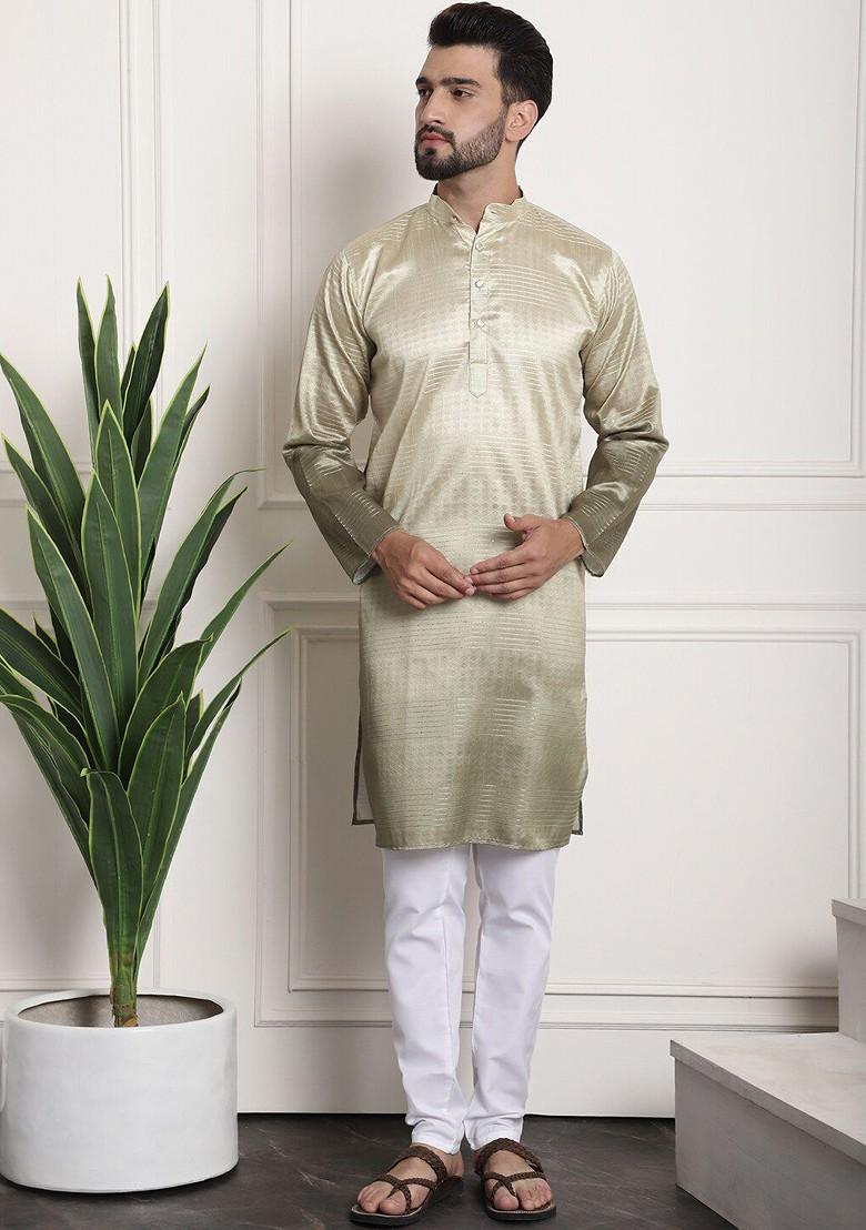 Gold Striped Poly Blend Kurta Set For Men