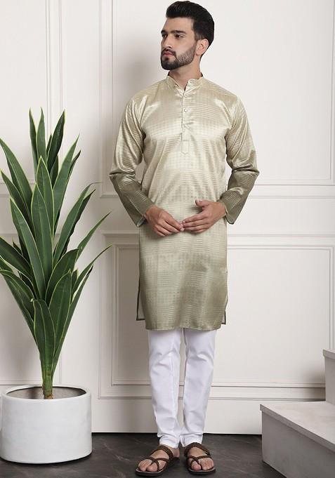 Gold Striped Poly Blend Kurta Set For Men