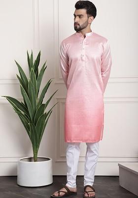 Pink Striped Poly Blend Kurta Set For Men