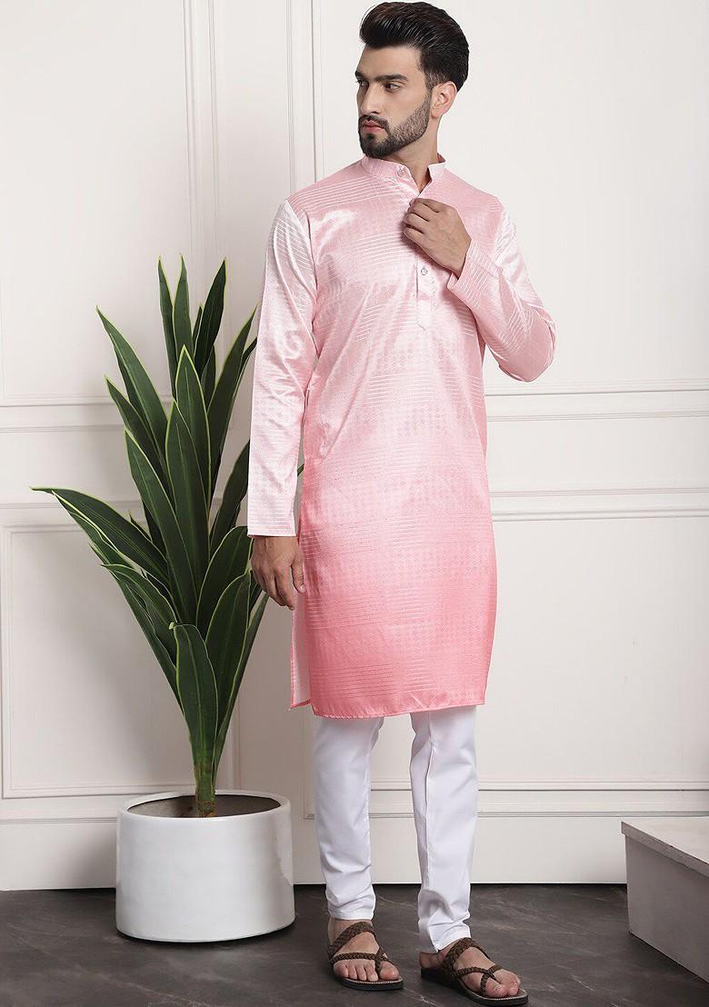 Pink Striped Poly Blend Kurta Set For Men