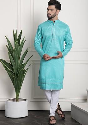 Sea Green Thread Work Poly Blend Kurta Set For Men