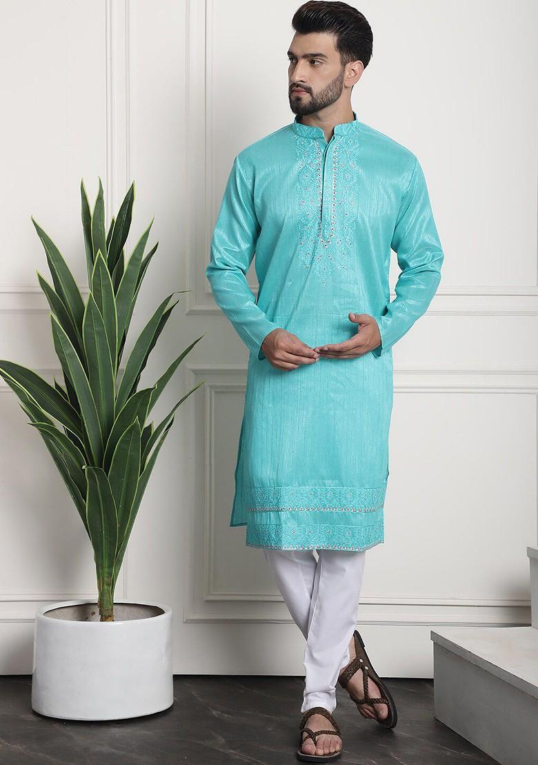 Sea Green Thread Work Poly Blend Kurta Set For Men