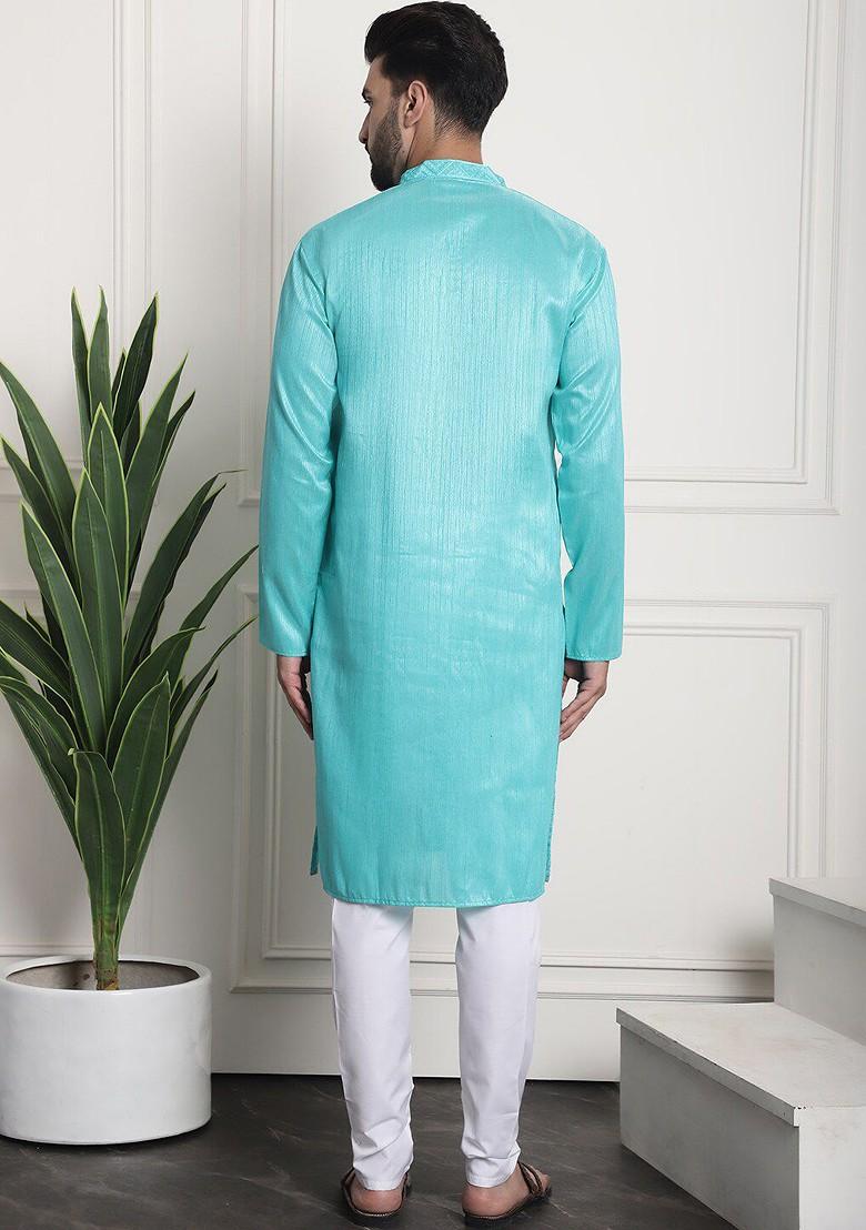 Sea Green Thread Work Poly Blend Kurta Set For Men