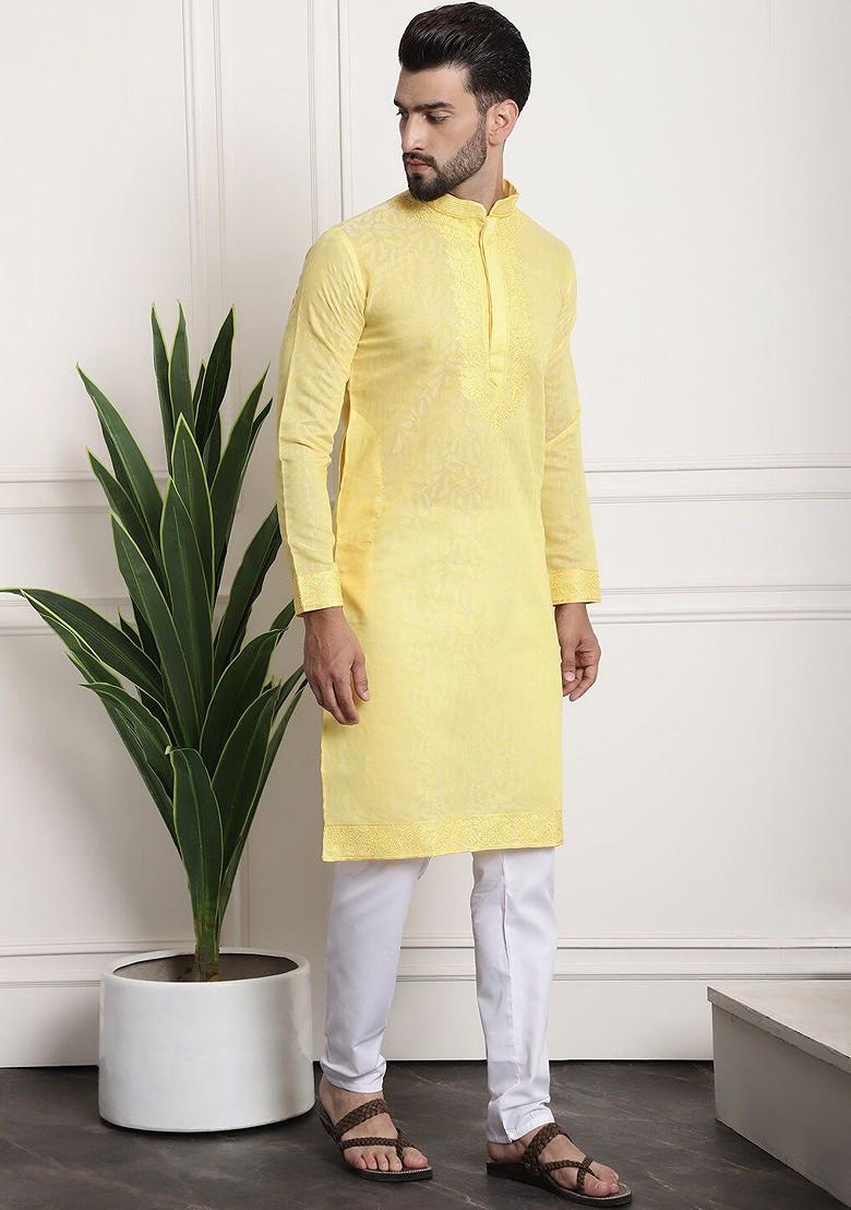 Yellow Thread Work Silk Kurta Set For Men