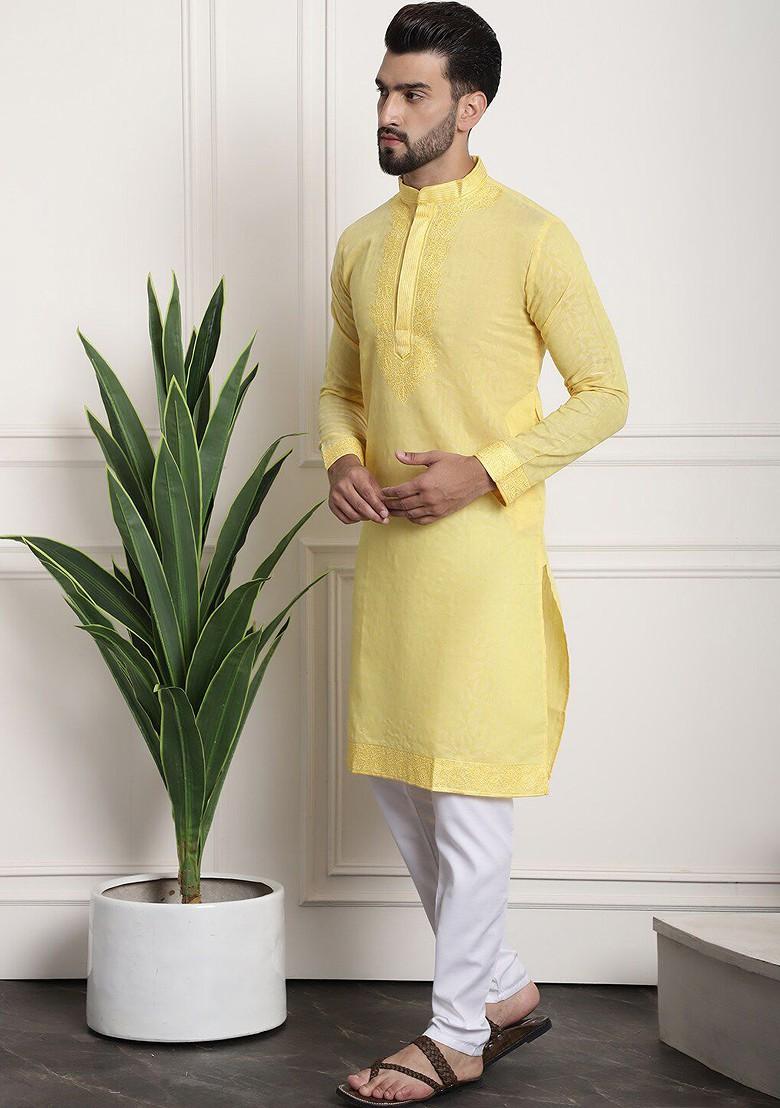 Yellow Thread Work Silk Kurta Set For Men