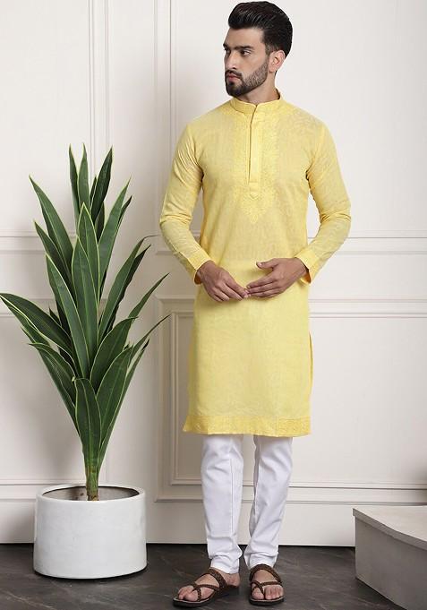 Yellow Thread Work Silk Kurta Set For Men
