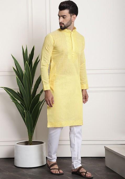 Yellow Thread Work Silk Kurta Set For Men