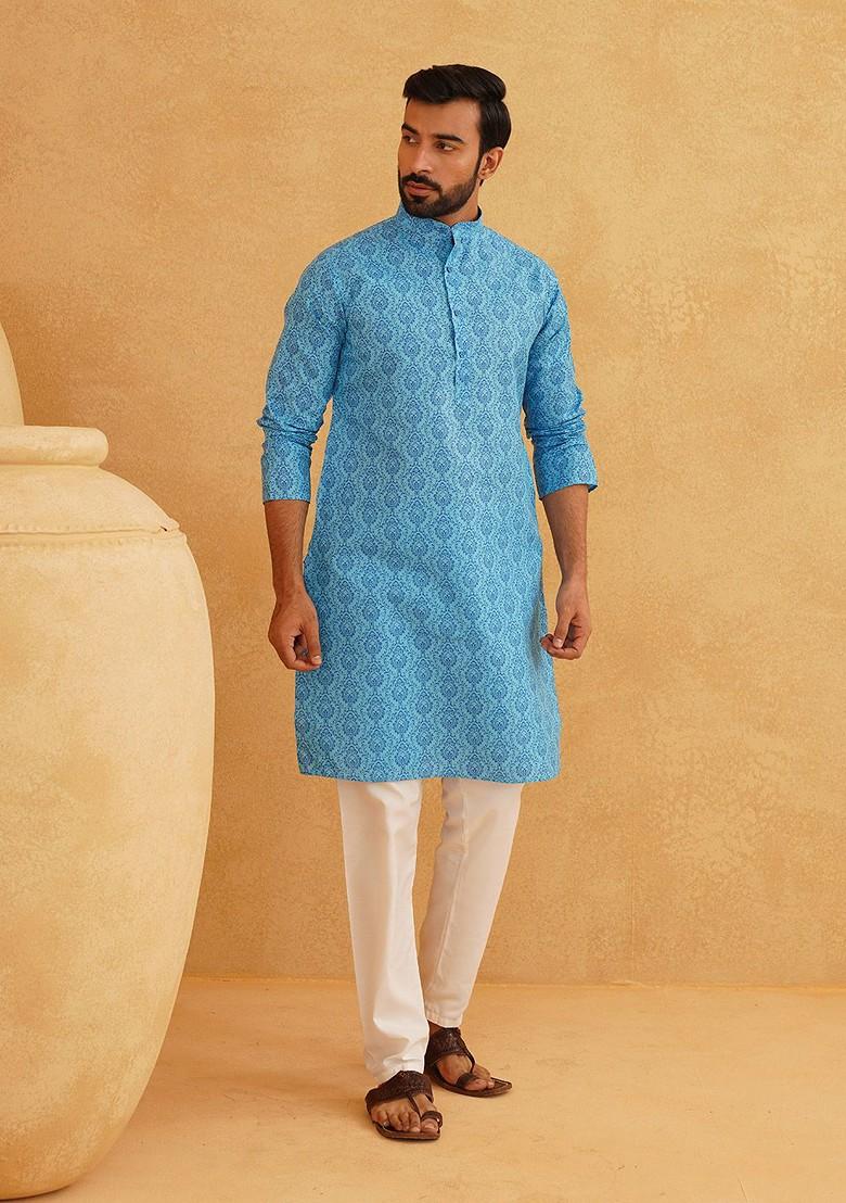 Blue Printed Poly Blend Kurta Set For Men