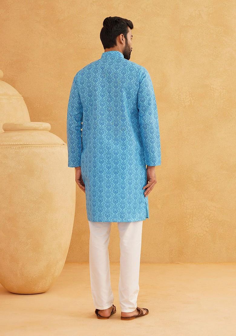 Blue Printed Poly Blend Kurta Set For Men