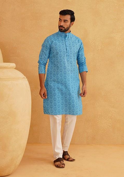 Blue Printed Poly Blend Kurta Set For Men