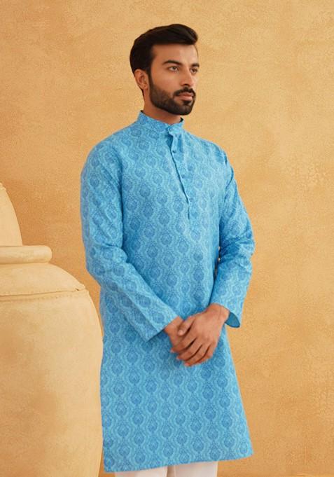 Blue Printed Poly Blend Kurta Set For Men