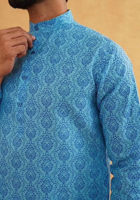 Blue Printed Poly Blend Kurta Set For Men