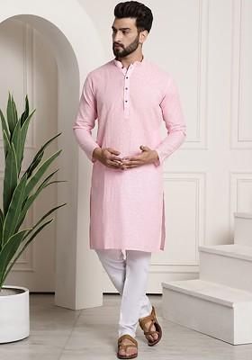 Pink Checked Poly Blend Kurta Set For Men