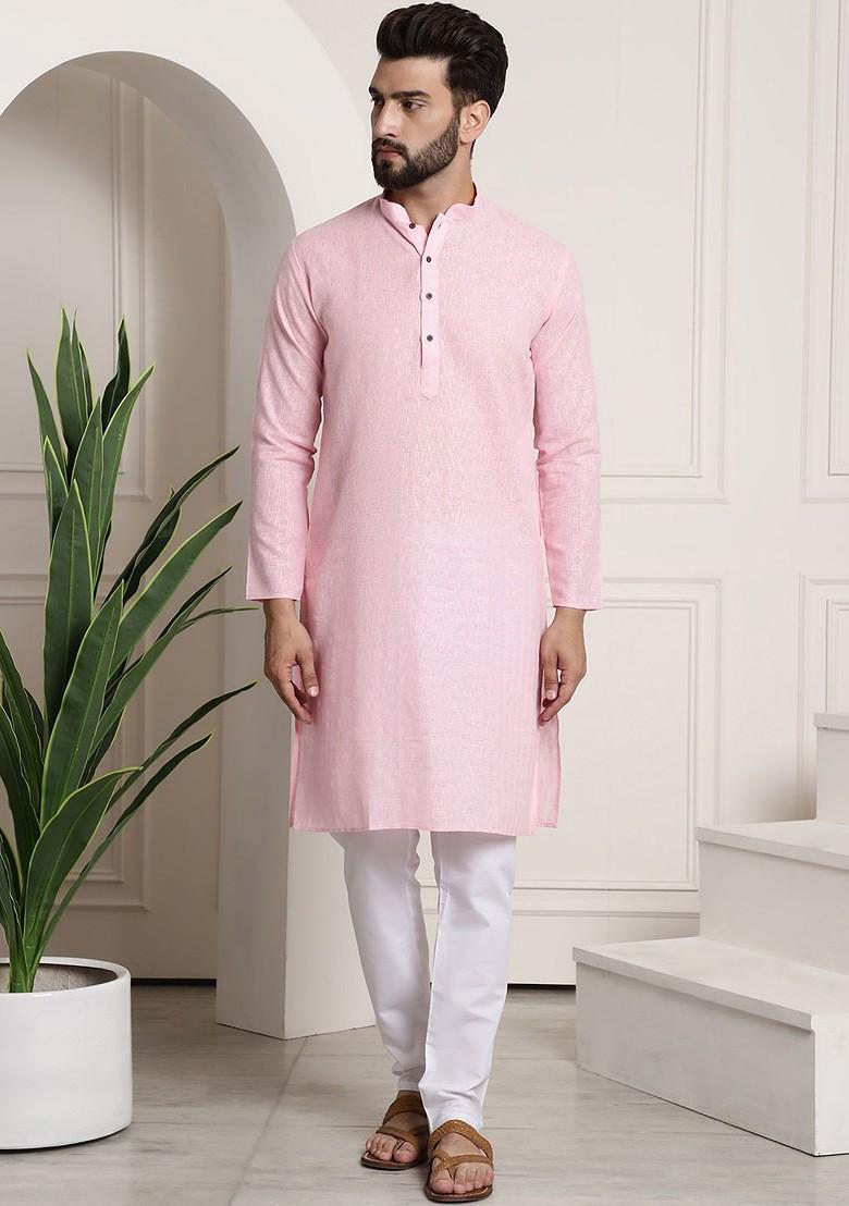 Pink Checked Poly Blend Kurta Set For Men