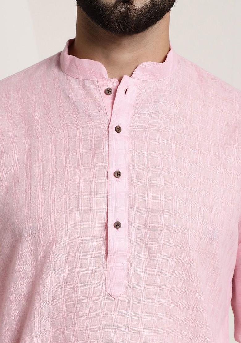 Pink Checked Poly Blend Kurta Set For Men