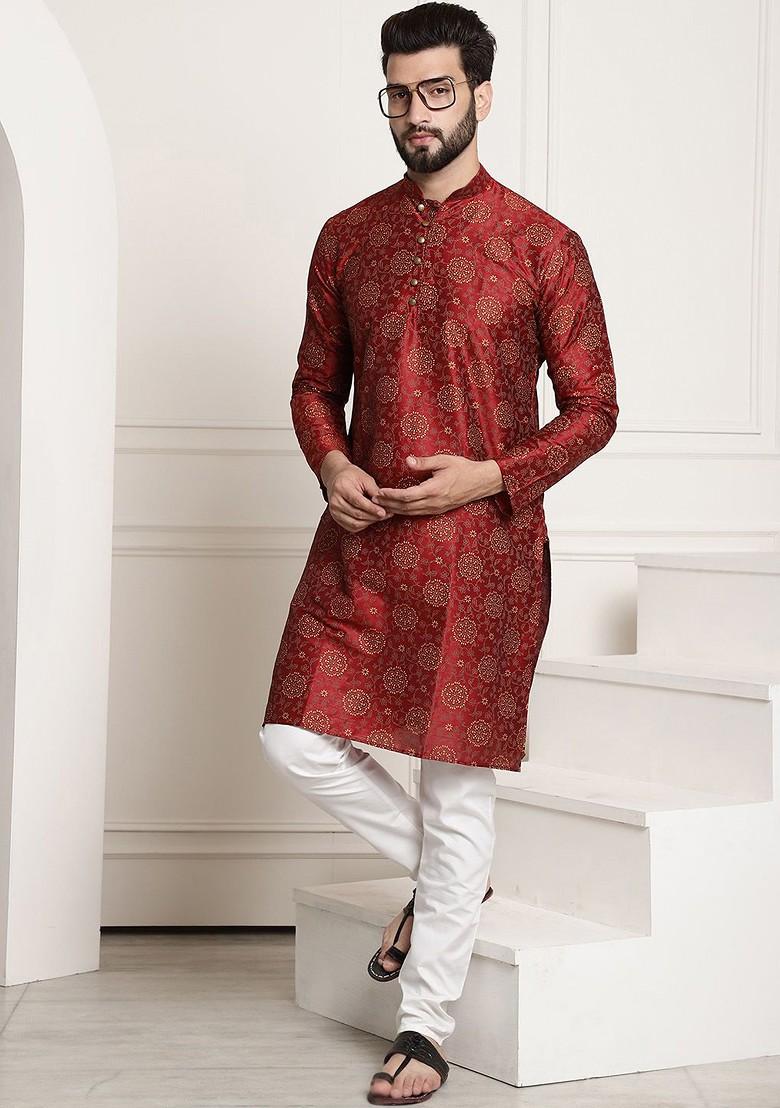 Maroon Printed Poly Blend Kurta Set For Men