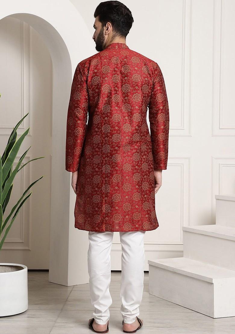Maroon Printed Poly Blend Kurta Set For Men