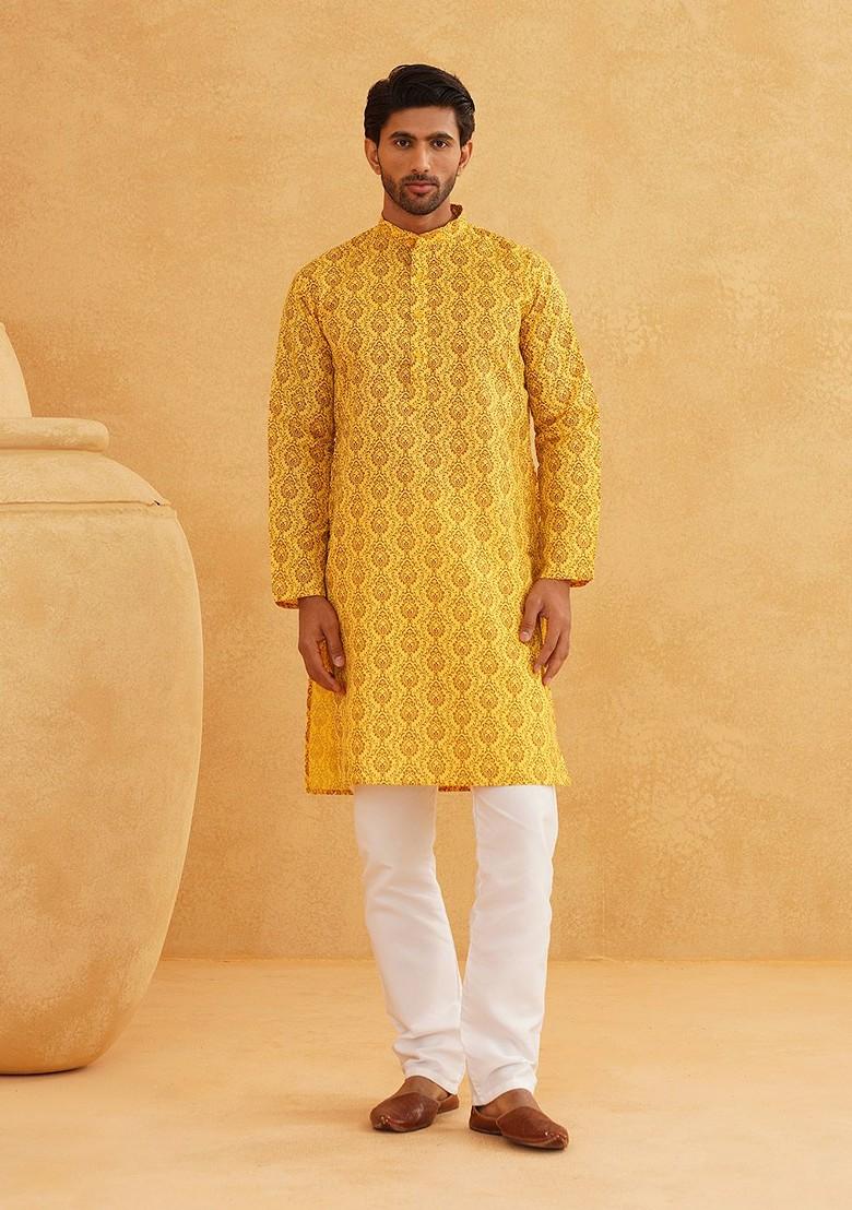 Mustard Ethnic Motifs Poly Blend Kurta Set For Men