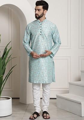 Sea Green Printed Poly Blend Kurta Set For Men