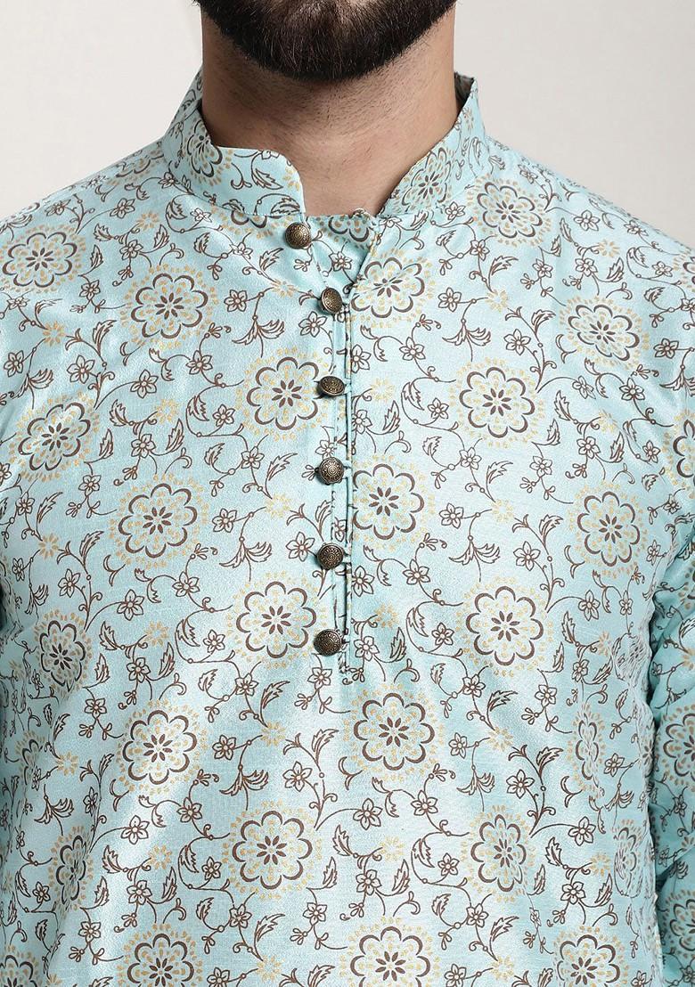 Sea Green Printed Poly Blend Kurta Set For Men