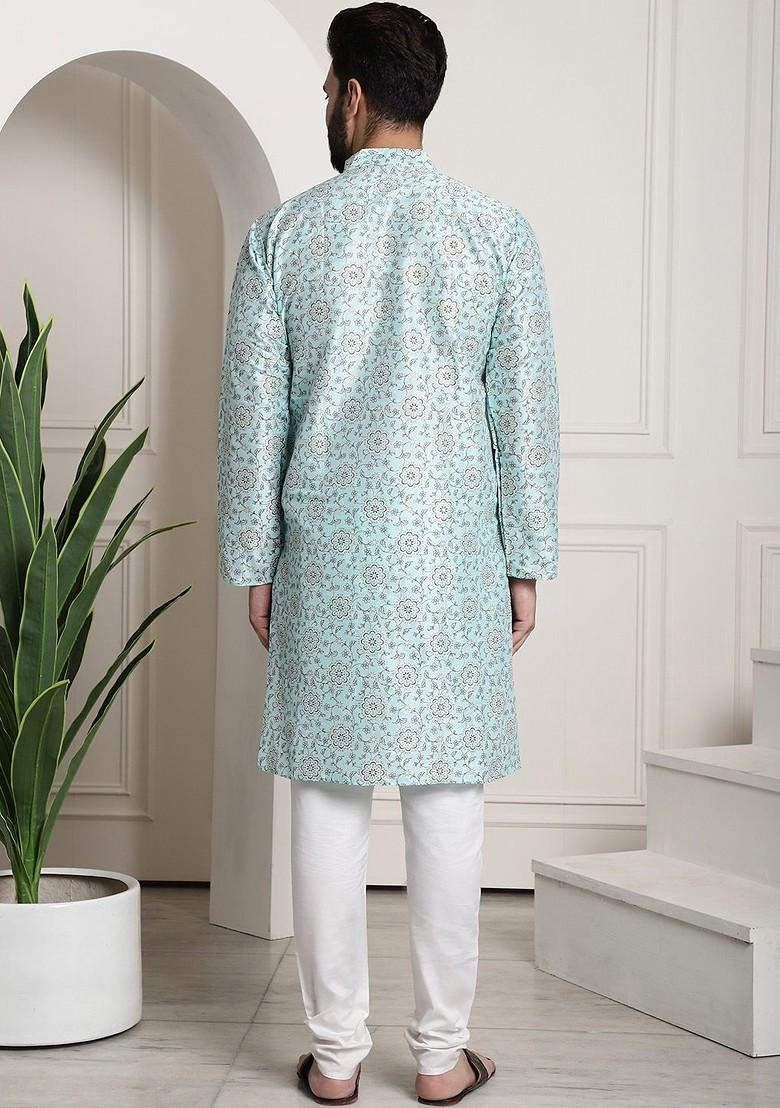 Sea Green Printed Poly Blend Kurta Set For Men