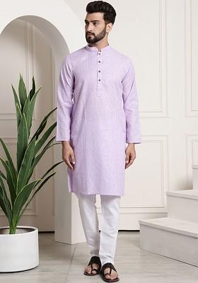 Purple Checked Poly Blend Kurta Set For Men