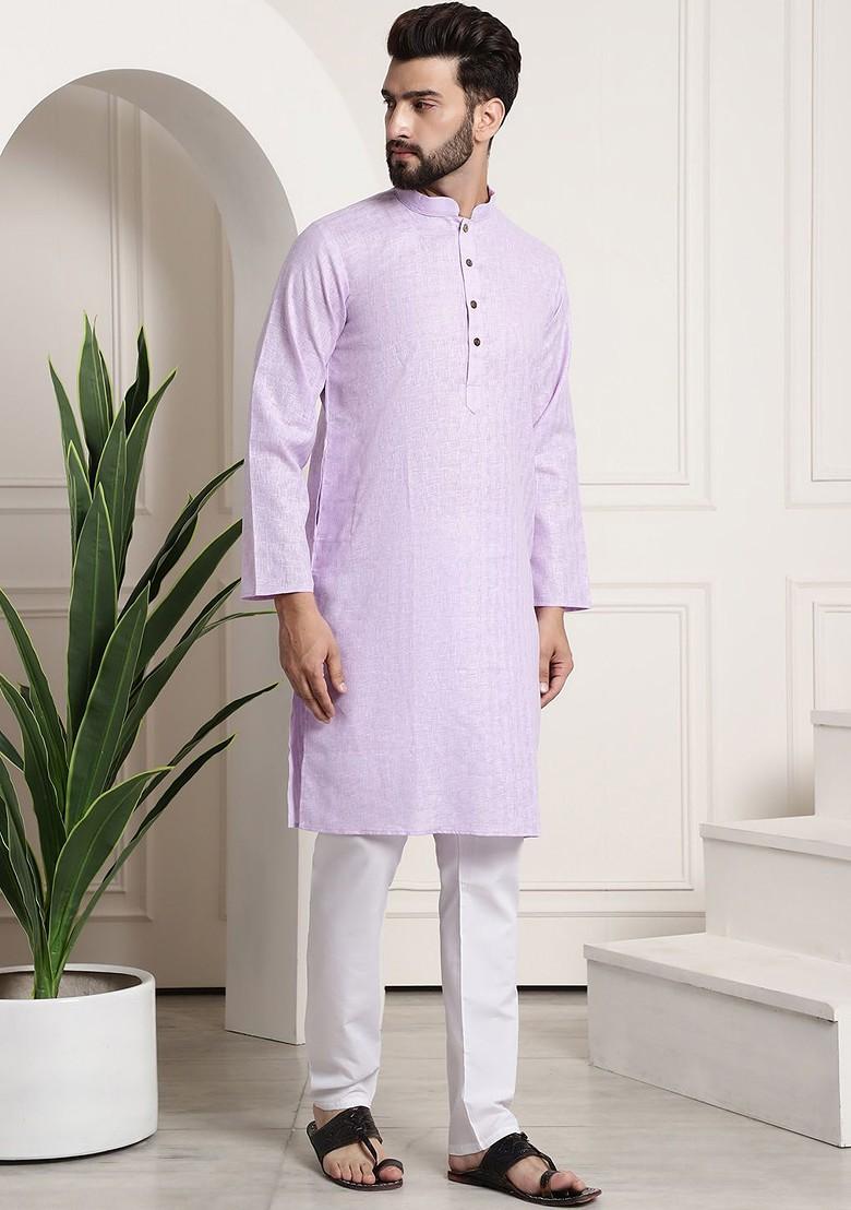 Purple Checked Poly Blend Kurta Set For Men