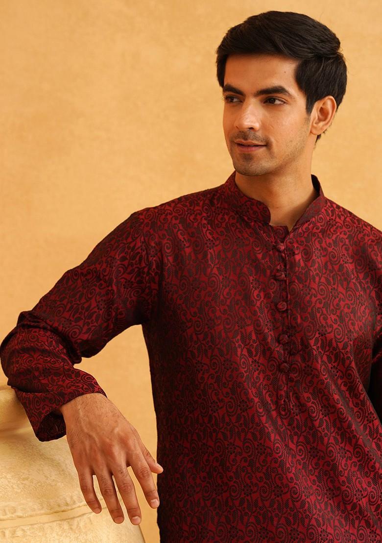 Maroon Ethnic Motifs Poly Blend Kurta Set For Men