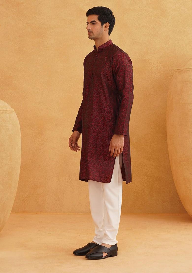 Maroon Ethnic Motifs Poly Blend Kurta Set For Men